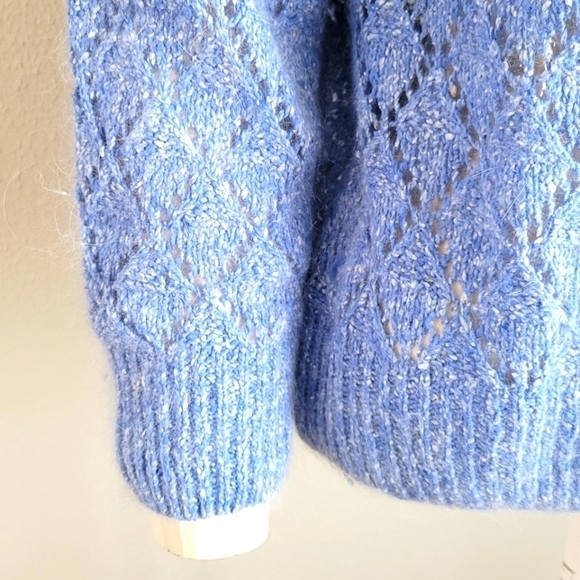 SHAPELY KNITS Vintage 80s Silk Angora Open Knit Sweater Sky Blue Coquette sz L - Picture 3 of 7